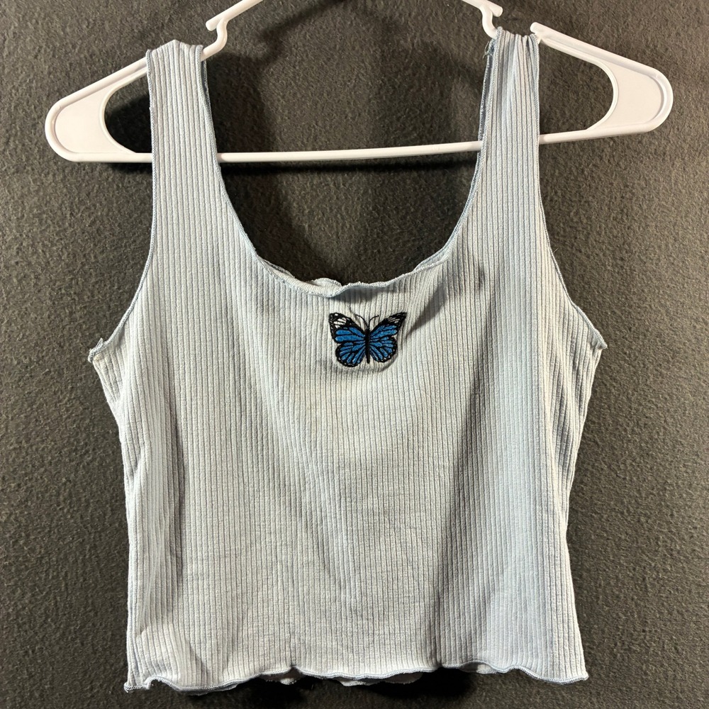 VTG Y2K Caution Wind women baby tank medium Top Ribbed Butterfly Lettuce Blue